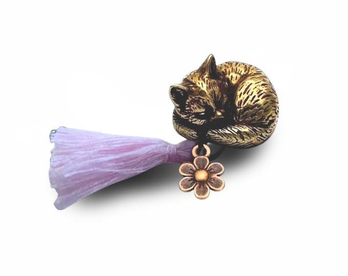 Brass Lucky Cat Charm: Dreamer with Tassel, Bag & Card