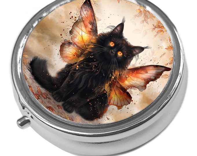 Autumn Fairy Cat Metal Pill Box: Kitten Trinket Keeper