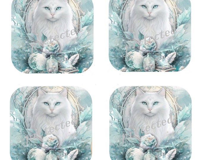 Set Of 4 - Cat Coasters - Cork Backed Coasters - White Cat & Cyan Roses - Arora
