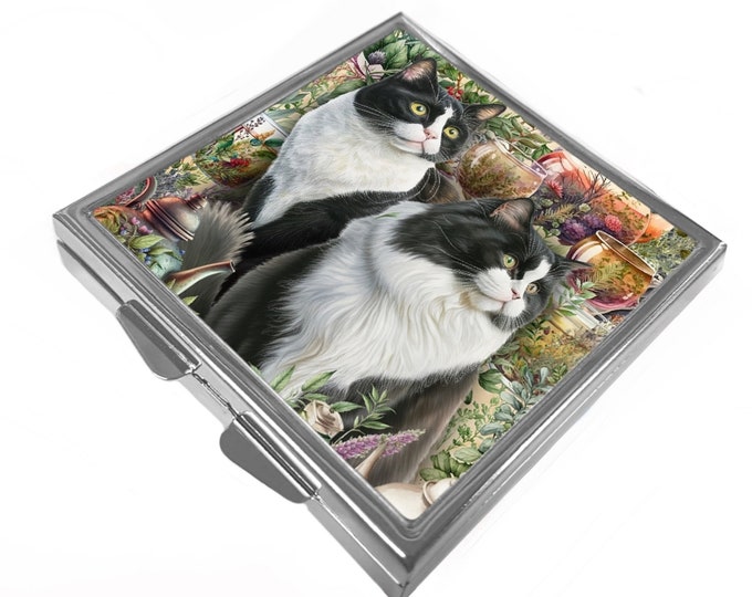 Square Pill/Trinket Box - Black and White Cat - Tuxedo Cat Tea