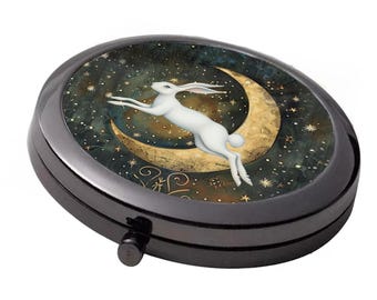 Leaping Hare & Moon Compact Mirror - Smoke Black Double Mirror