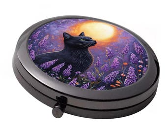 Black cat Moongazing Compact Mirror: Smoke Black Metal, Floral Style