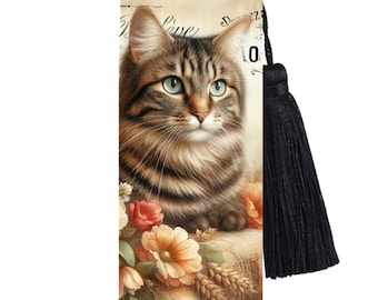Large Metal Bookmark With Tassel - Vintage Cats - Vintage Brown Tabby Cat