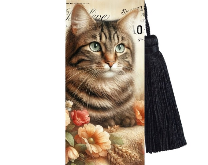 Large Metal Bookmark With Tassel - Vintage Cats - Vintage Brown Tabby Cat