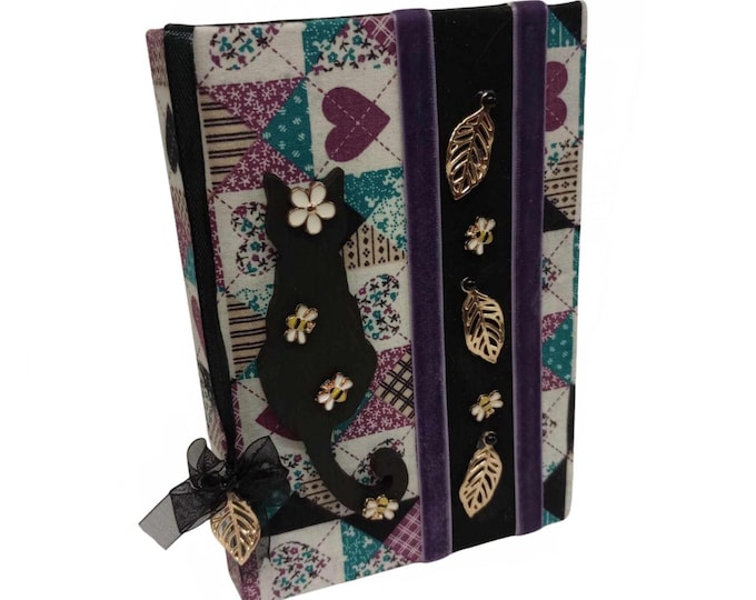 Mixed Media Hardbacked Journal - Fabric Covered Black Cat Journal (C)