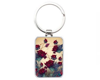 Floral Collection - Silver Metal Keyring - Roses