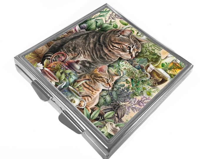 Square Pill/Trinket Box - Tabby Cat & Kitten - Tabby Cat Tea