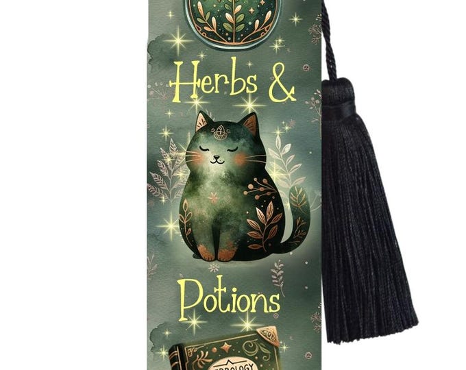 Large Metal Bookmark With Tassel - The Green Potion, Cat and Herb Book