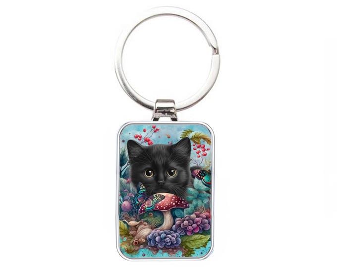 Silver Metal Cat Keyring - Black cat in Enchanted Garden