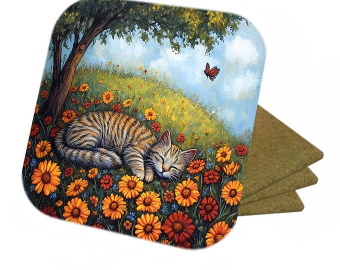 Set Of 4 - Tabby Cat Sleeping - Cork Backed Coasters