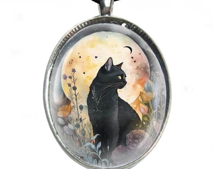 Glass Cabochon Necklace - Silver Plated Tray & Leather Cord Necklace - Black Cat and Floral Moon