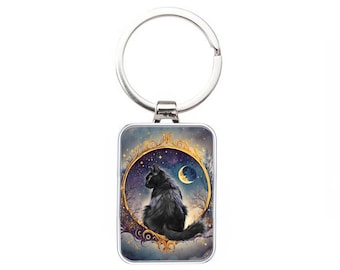 Silver Metal Keyring - Black Cat & Moon