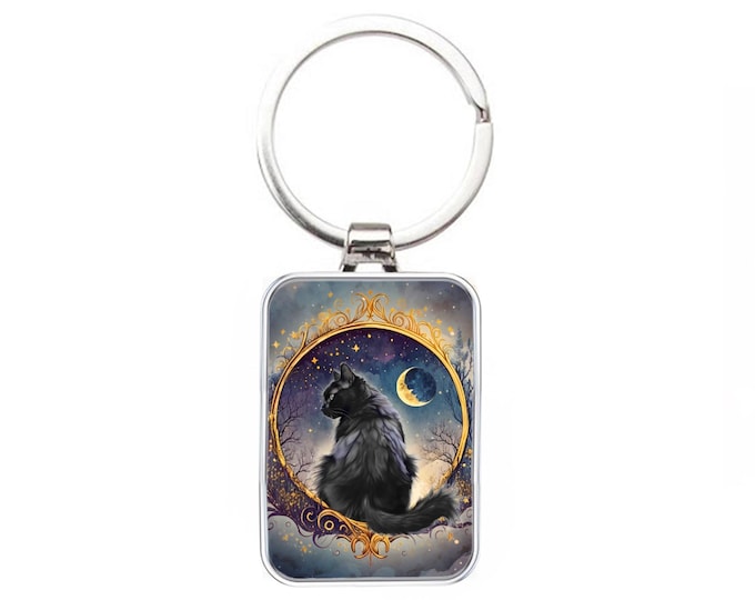 Silver Metal Keyring - Black Cat & Moon