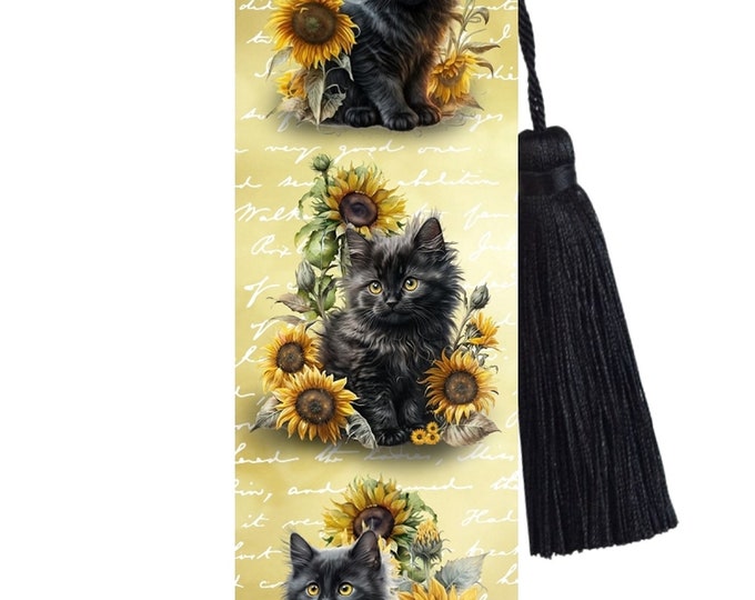 Large Metal Bookmark With Tassel - Black Fluffy Kitten & Sunflowers