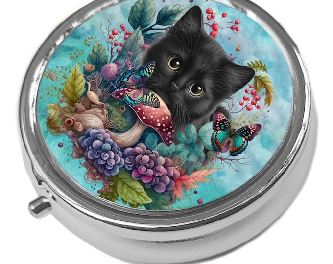 Black Kitten & Secret Magic Garden - Round  Pill / Trinket Box