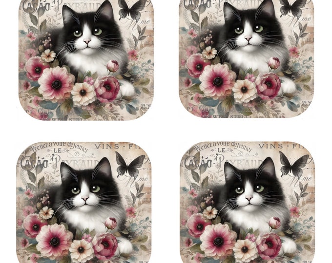 Set Of 4 - Cork Backed Coasters - Vintage Tuxedo Cat