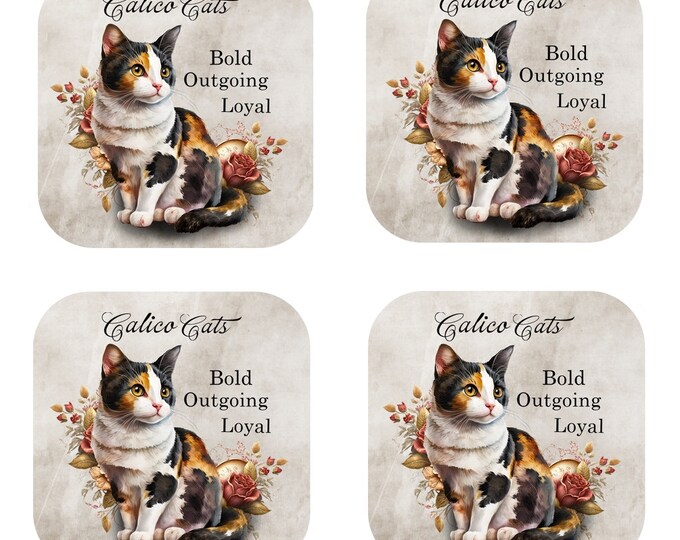 Set Of 4 - Cat Breed Coasters - Cork Backed Coasters - The Calico cat