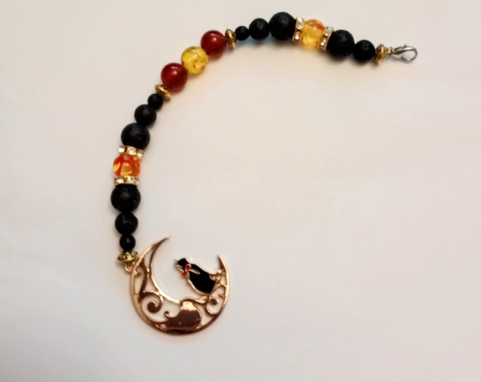 Lucky Bead String - Black cat on Moon, Glass & Lava Beads