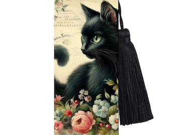 Large Metal Bookmark With Tassel - Vintage Cats - Vintage Black Cat