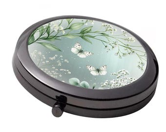 Floral Mirror - Smoke Black - Large Double Compact Mirror - Green & White Babies Breath