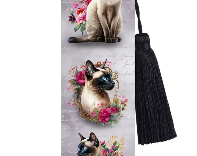 Large Metal Bookmark With Tassel - Siamese Cats