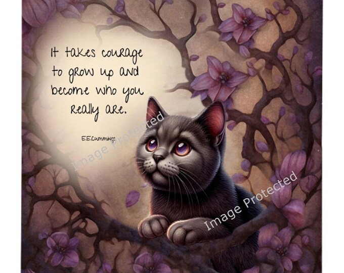 Black Cat Metal Sign: Purple Flowers, Courage Quote (20cm x 15cm)