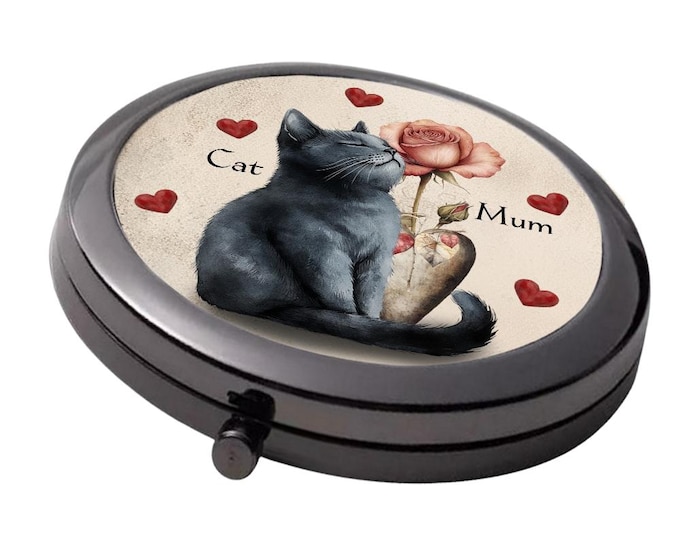 Cat Mum Compact Mirror - Smoke Black Double Mirror, 7cm