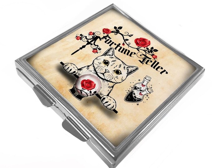 Black Cat - Slim Silver Compact Mirror (Square) - Fortune Teller