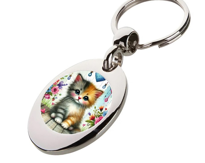 Trolly Keyring/Key Token - Cat Keyring - Tabby Kitten & Hearts