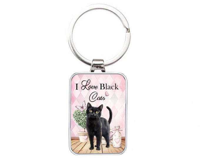 Silver Metal Cat Keyring - Cottagecore,Shabby Chic - I Love Black Cats