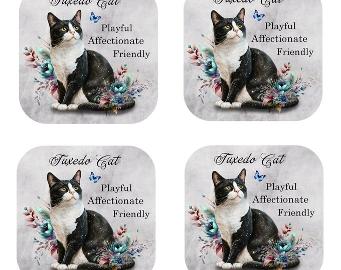 Set Of 4 - Cat Breed Coasters - Cork Backed Coasters - The Tuxedo Cat - Black and White Cat