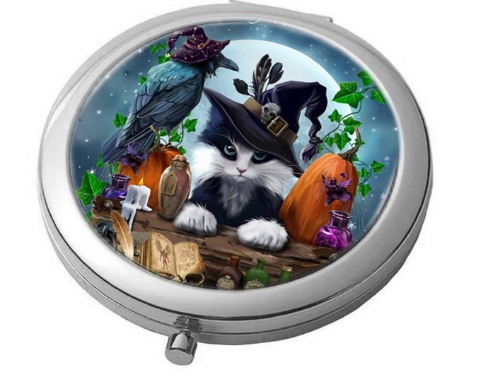 Salem - Witches Cat & Raven - Silver - Large Double Compact Mirror