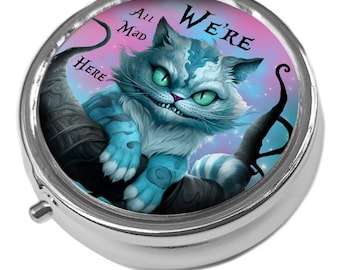 Cheshire Cat - We're all mad here - Leaf pattern cat face - Round  Pill / Trinket Box