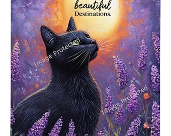 Hanging Metal Sign - Motivational Quote - Moongazing Black Cat in Lavender Field