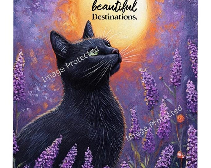 Hanging Metal Sign - Motivational Quote - Moongazing Black Cat in Lavender Field