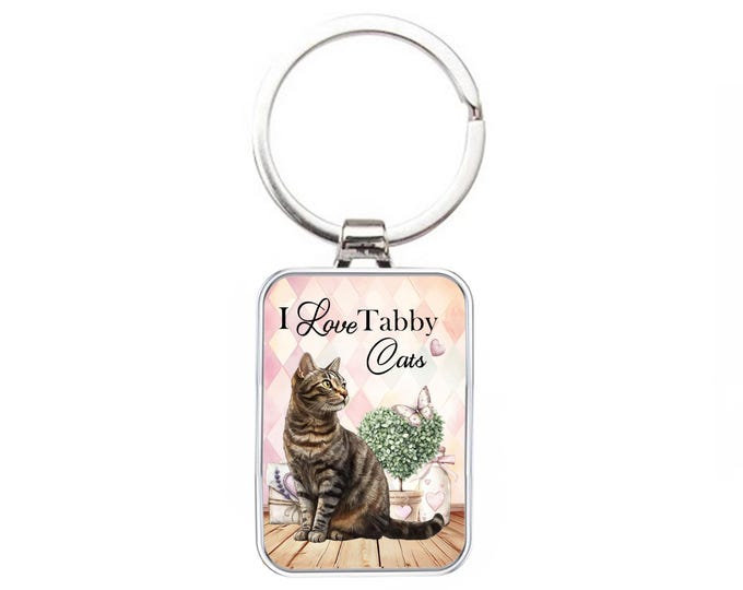 Silver Metal Cat Keyring - Cottagecore,Shabby Chic - I Love Tabby Cats