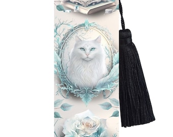 Large Metal Bookmark With Tassel - Cyan Colour & White Cat Bookmark - Arora