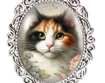 Vintage Calico Cat Brooch: Silver Color Oval Glass Cabochon