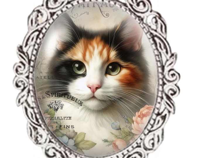 Silver Colour - Oval Glass Cabochon Brooch - Vintage Cat Design - Calico Cat Brooch