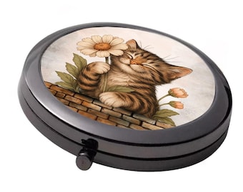 Daisy Cat Compact Mirror - Smoke Black Double Mirror, 7cm
