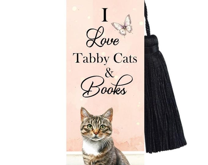 Large Metal Bookmark With Tassel - I Love tabby Cats and Books