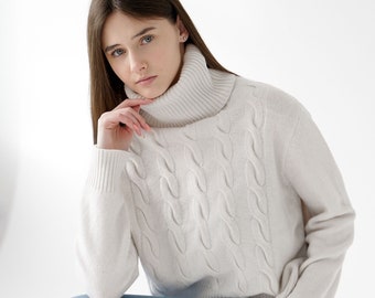 Merino Wool with Cashmere Women's Cable Knit Oversized Turtleneck Sweater Light Warm Pullover