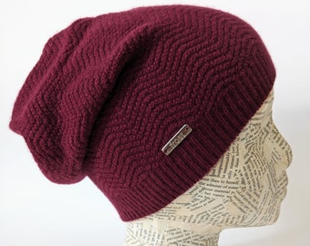 Merino wool/cashmere blend lightweight slouch beanie by Frost, available in Black and Burgundy