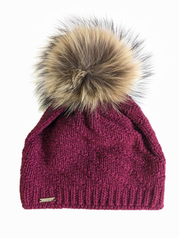 Cashmere Chunky Knit Hat With Fleece Lining & Fur Pom - Etsy display picture 2