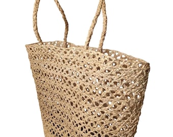 Natural Raffia Beach Tote Bag, Large Crochet Straw Handbag, Made in Madagascar