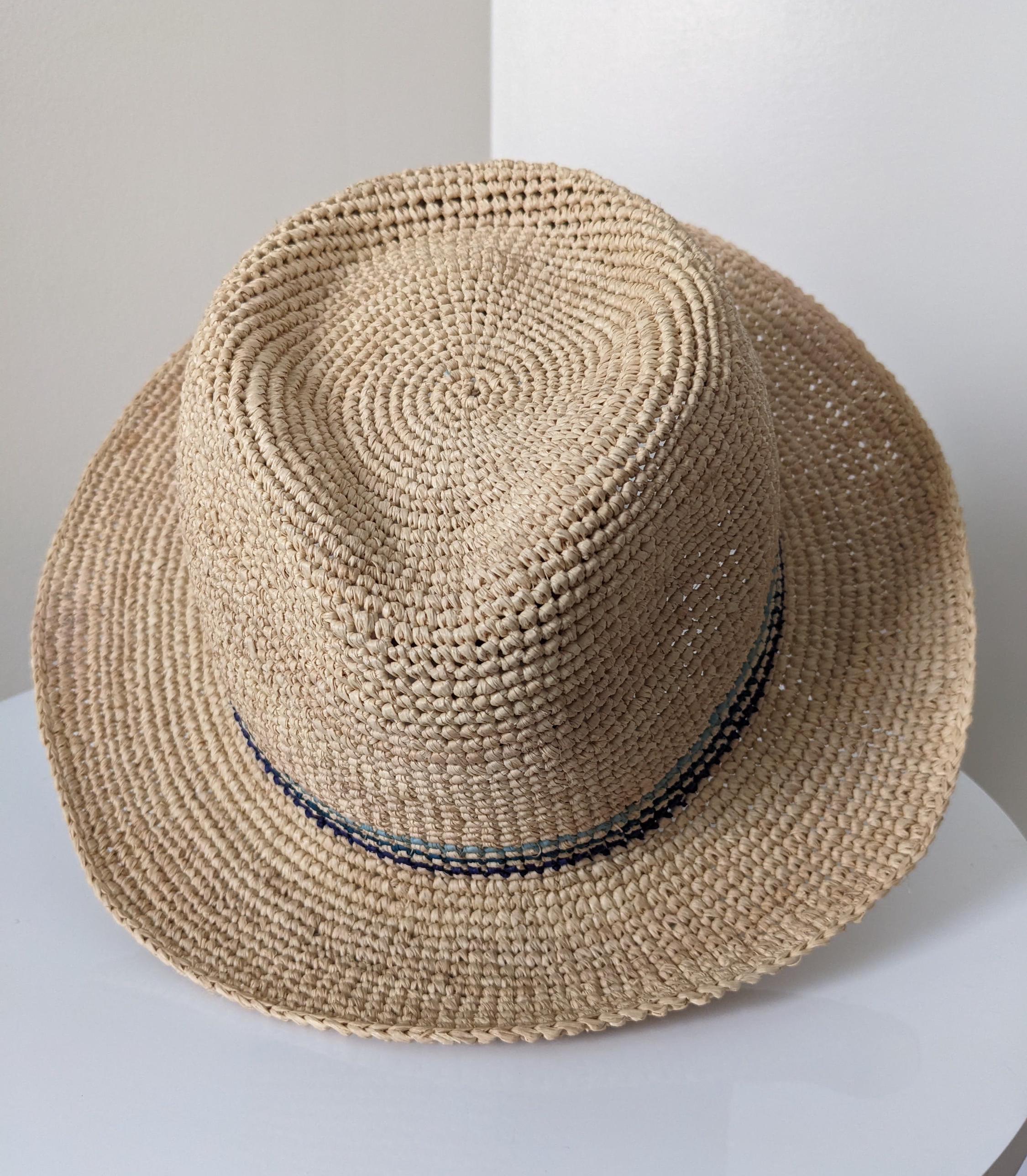 Crocheted natural raffia fedora hat made in Madagascar Scala | Crocheted Raffia Straw Floppy Chincord Hat – Village  main image 4