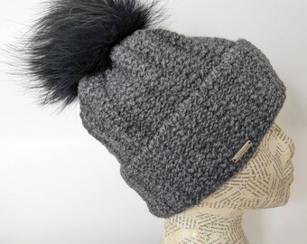 Chunky Knit 95% Cashmere 5% Merino Wool Hat with Raccoon Pom Cable Knit Beanie Hat with Asiatic Raccoon Pom| Designer Hats main image 3