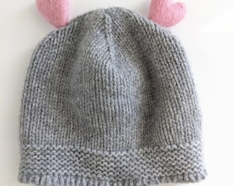 Cashmere Soft Baby Hat, Knitted Beanie with Hearts for a Newborn, Baby Gift