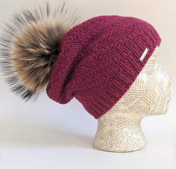 Cashmere Chunky Knit Hat With Fleece Lining & Fur Pom - Etsy display picture 1