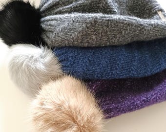 Frost Hats Warm Cashmere Hat with a Detachable Genuine Rabbit Fur Pom
